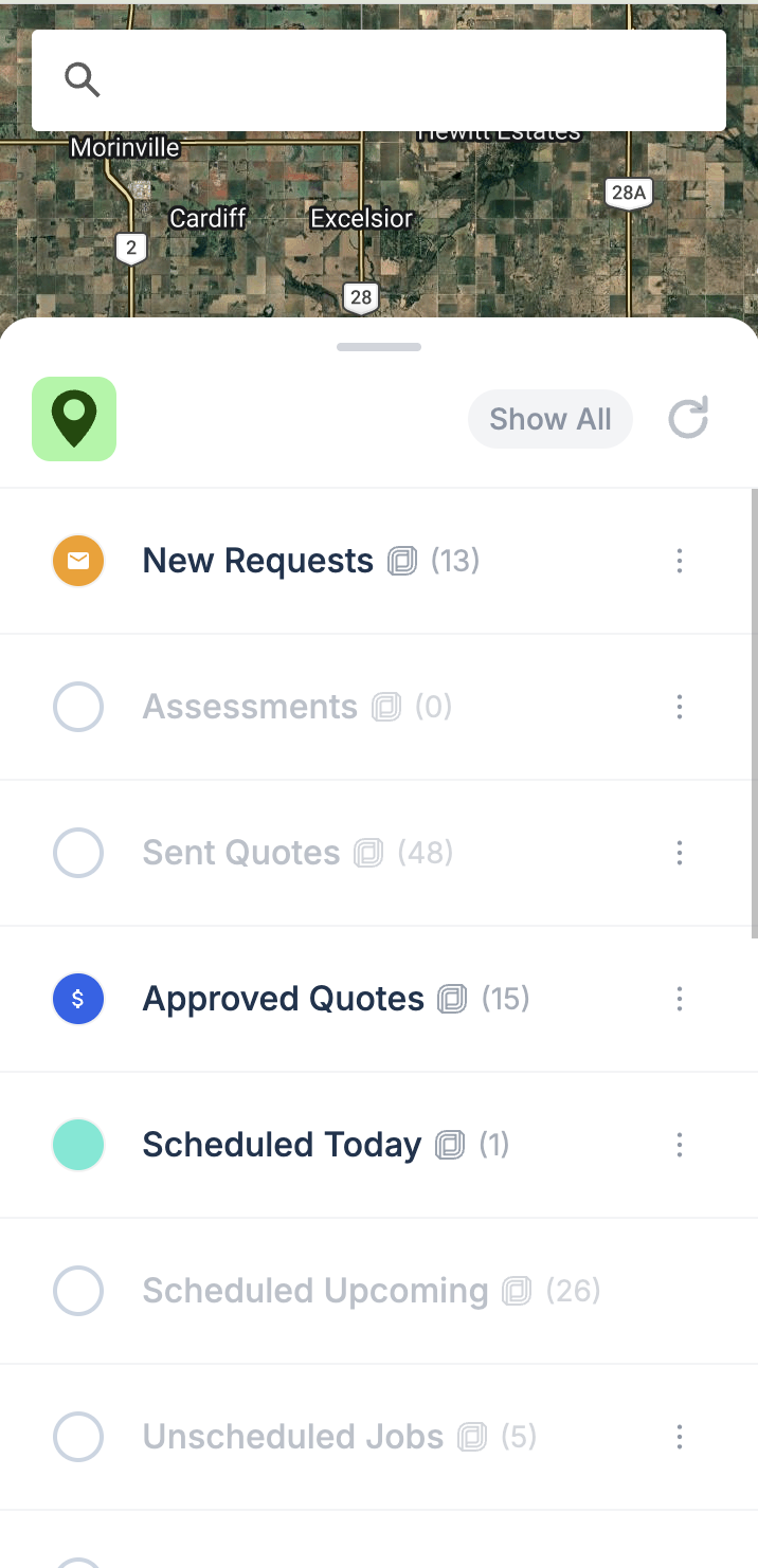 Power Maps layer list showing Jobber requests, quotes, jobs and clients