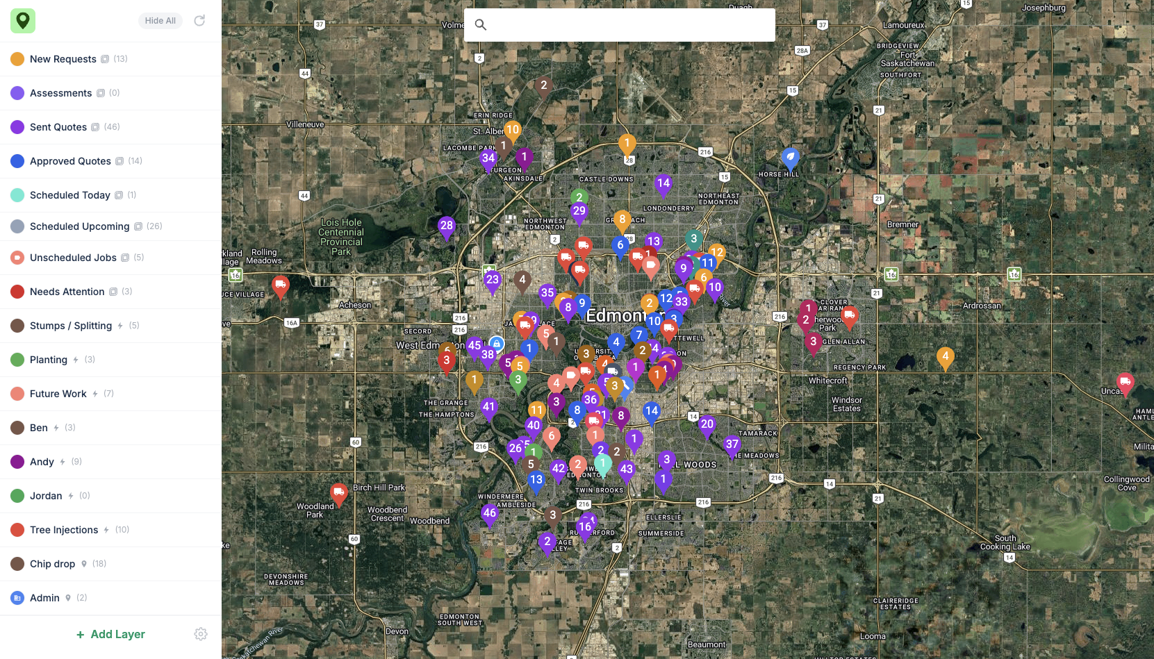 Power Maps showing every Jobber request, quote, job and client as pins on one map
