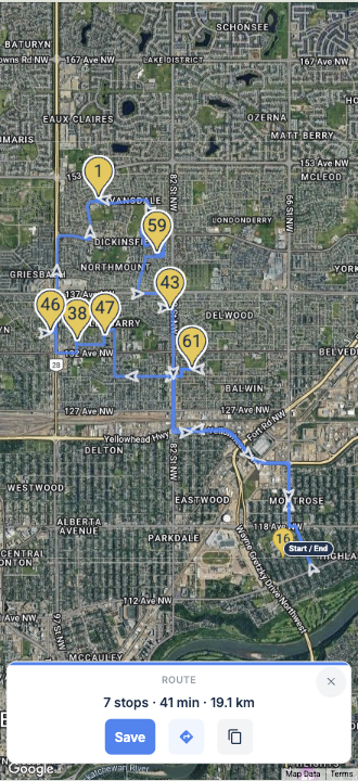 A saved Power Maps route with seven numbered stops and turn by turn directions