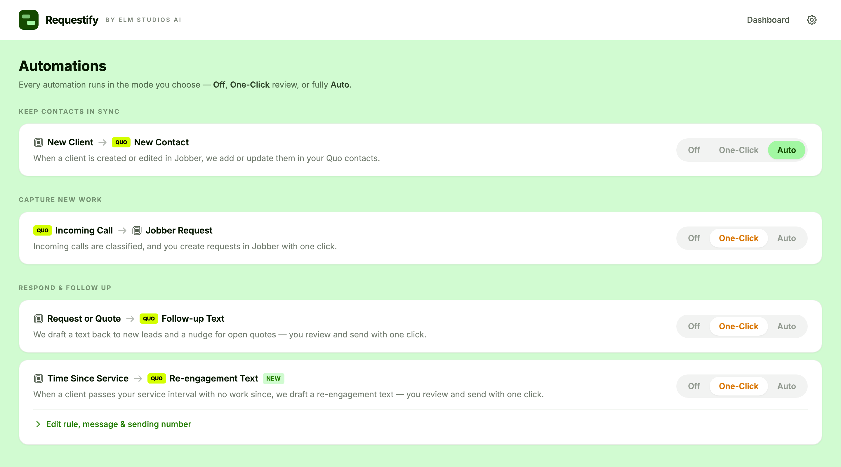 The Requestify Automations page with each rule set to Off, One-Click review, or Auto