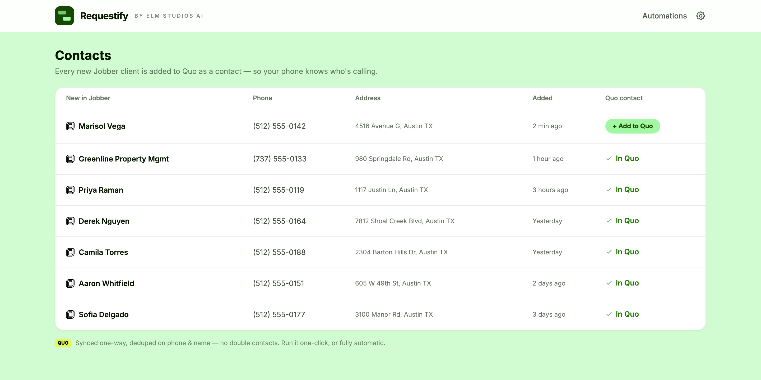 Requestify syncing new Jobber clients into Quo as contacts, deduped on phone and name