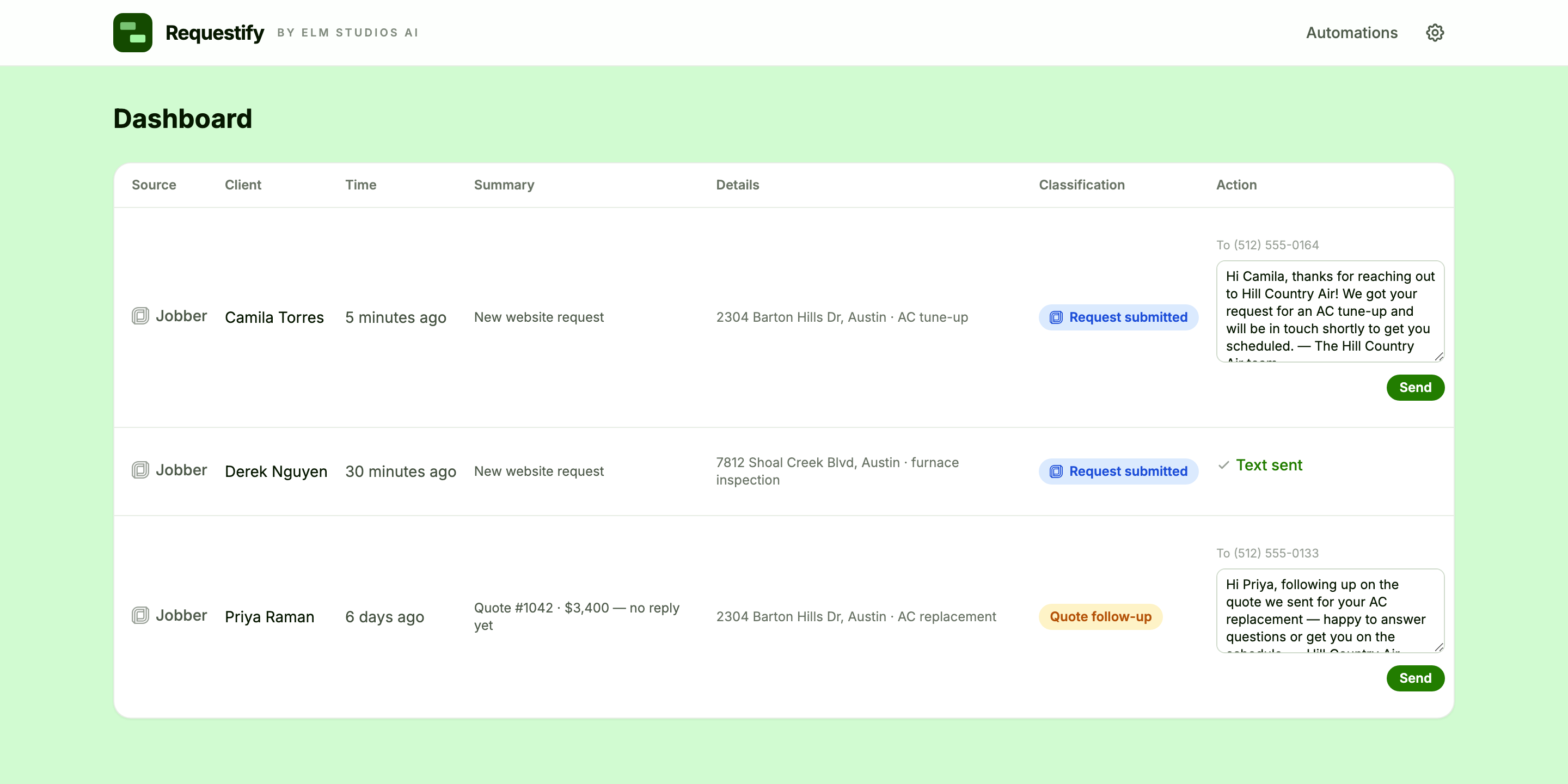 Requestify texting back new website requests and nudging open quotes, each message sent from your own Quo number